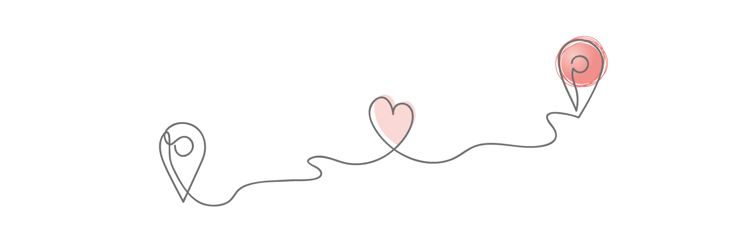 Single line drawing of a heart between two location pins