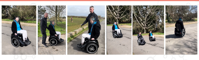 Multiple images of girl sat on an Omeo black wheelchair